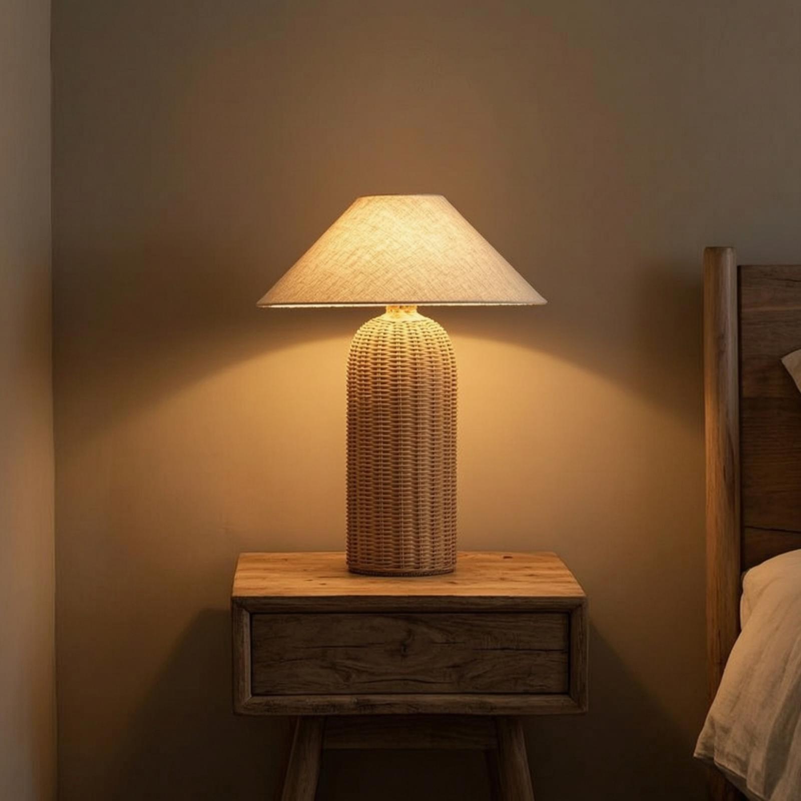 Decor Lighting Lamps - Nachttischlampe mit Rattanfuß und Stoffschirm, Dekorative